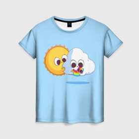 Женская футболка 3D с принтом Ребёнок солнца и дождя в Петрозаводске, 100% полиэфир ( синтетическое хлопкоподобное полотно) | прямой крой, круглый вырез горловины, длина до линии бедер | детские рисунки | дождь | облако | погода | радуга | ребёнок солнца и дождя | родители | синий фон | солнце