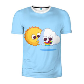 Мужская футболка 3D спортивная с принтом Ребёнок солнца и дождя в Петрозаводске, 100% полиэстер с улучшенными характеристиками | приталенный силуэт, круглая горловина, широкие плечи, сужается к линии бедра | детские рисунки | дождь | облако | погода | радуга | ребёнок солнца и дождя | родители | синий фон | солнце