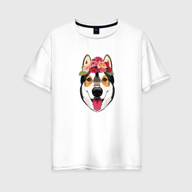Женская футболка хлопок Oversize с принтом Овчарка в Петрозаводске, 100% хлопок | свободный крой, круглый ворот, спущенный рукав, длина до линии бедер
 | весна | для девочек. | добрый | домашние | животные | лапы | мода 2021 | нос | пес | улыбка | хвост | цветы