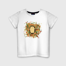 Детская футболка хлопок с принтом Осенний ежик в Петрозаводске, 100% хлопок | круглый вырез горловины, полуприлегающий силуэт, длина до линии бедер | Тематика изображения на принте: ёжик | животные | листья | милый ёжик | осень
