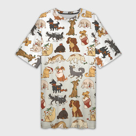 Платье-футболка 3D с принтом узор песики собачки гав в Петрозаводске,  |  | ветеринару | гав | животные домашние | заводчику | заводчице | любителю собак | млекопитающее | мопс | мультипликационный персонаж | мультяшная собака | песики | питомцы | псы | собакены | собаки