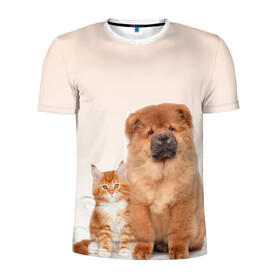 Мужская футболка 3D спортивная с принтом щенок и котенок друзья в Петрозаводске, 100% полиэстер с улучшенными характеристиками | приталенный силуэт, круглая горловина, широкие плечи, сужается к линии бедра | ветеринару | друзья | животные домашние | кот | котенок | любителю собак | млекопитающее | мультипликационный персонаж | мультяшная собака | мэй кун | песики | питомцы | псы | собакены | собаки