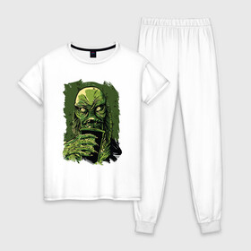 Женская пижама хлопок с принтом Болотный монстр с коктейлем в Петрозаводске, 100% хлопок | брюки и футболка прямого кроя, без карманов, на брюках мягкая резинка на поясе и по низу штанин | Тематика изображения на принте: 666 | astral | beast | bloody | creep | evil dead | funny | halloween | horror merch | milk shake | milkshake | monster | pinhead | scream | swamp | terror noise | астрал | болото | герои ужаса | молочный коктейль | прикол | трубочка | ужасы | 