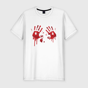 Мужская футболка хлопок Slim с принтом Кровавые отпечатки рук в Петрозаводске, 92% хлопок, 8% лайкра | приталенный силуэт, круглый вырез ворота, длина до линии бедра, короткий рукав | blood | bloody | creep | creepy | death | halloween | hand | hands | horror | kill | merch | murded | spooky | victim | жертва | капли | кровь | мерч | пятна | пятно | руки | след | следы | ужас | ужасы | ужасы мерч | хорро
