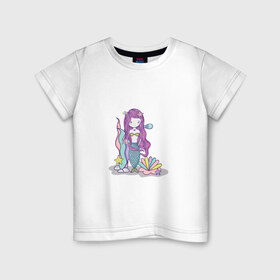 Детская футболка хлопок с принтом русалка в Петрозаводске, 100% хлопок | круглый вырез горловины, полуприлегающий силуэт, длина до линии бедер | водросли | жемчужина | океан | ракушка | русалка