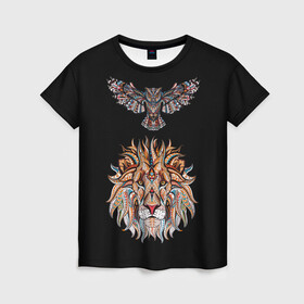 Женская футболка 3D с принтом Лев и Сова в Петрозаводске, 100% полиэфир ( синтетическое хлопкоподобное полотно) | прямой крой, круглый вырез горловины, длина до линии бедер | animal | beast | cat | cute | fluffy | hunter | lion | lion cub | lion king | mane | predator | red | tail | tiger | yellow | большая кошка | голова тигра | грива | животное | зверь | король лев | кот | милый | охотник | пушистый | тигр | тиг