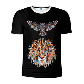 Мужская футболка 3D спортивная с принтом Лев и Сова в Петрозаводске, 100% полиэстер с улучшенными характеристиками | приталенный силуэт, круглая горловина, широкие плечи, сужается к линии бедра | animal | beast | cat | cute | fluffy | hunter | lion | lion cub | lion king | mane | predator | red | tail | tiger | yellow | большая кошка | голова тигра | грива | животное | зверь | король лев | кот | милый | охотник | пушистый | тигр | тиг