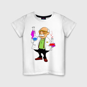 Детская футболка хлопок с принтом Ученый химик колбы в Петрозаводске, 100% хлопок | круглый вырез горловины, полуприлегающий силуэт, длина до линии бедер | биолог | дедуля | дедушка | колбы | лаборант | очки | перчатки | профессор | умник | ученый | халат | химик