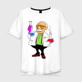 Мужская футболка хлопок Oversize с принтом Ученый химик колбы в Петрозаводске, 100% хлопок | свободный крой, круглый ворот, “спинка” длиннее передней части | биолог | дедуля | дедушка | колбы | лаборант | очки | перчатки | профессор | умник | ученый | халат | химик