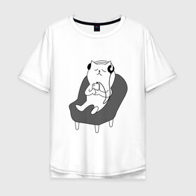 Мужская футболка хлопок Oversize с принтом кот в наушниках в Петрозаводске, 100% хлопок | свободный крой, круглый ворот, “спинка” длиннее передней части | кот | котики | коты | кошка | музыка | наушники | телефон