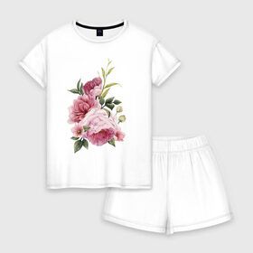 Женская пижама с шортиками хлопок с принтом Акварельные розы в Петрозаводске, 100% хлопок | футболка прямого кроя, шорты свободные с широкой мягкой резинкой | акварель | ботаника | весна | женственность | иллюстрация | нежность | рисунок | розы | цветы