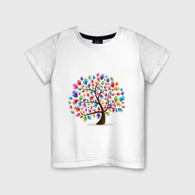 Детская футболка хлопок с принтом Дерево листья ладошка в Петрозаводске, 100% хлопок | круглый вырез горловины, полуприлегающий силуэт, длина до линии бедер | дерево | детский | ладошки | листья | мир | отпечатки | природа | рисунок | руки | символ