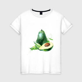 Женская футболка хлопок с принтом акварельное авокадо в Петрозаводске, 100% хлопок | прямой крой, круглый вырез горловины, длина до линии бедер, слегка спущенное плечо | авокадо | акварель | брызги | веган | вегетарианец | здоровье | зож | правильное питание | рисунок