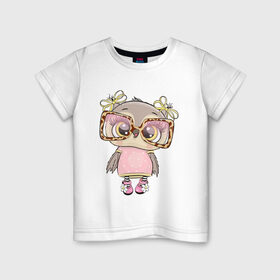 Детская футболка хлопок с принтом Модная малышка совушка в Петрозаводске, 100% хлопок | круглый вырез горловины, полуприлегающий силуэт, длина до линии бедер | бантики | детские | леопардовый | малышка | мода | модная | мультяшно | очки | реснички | рисунок | хуманизация