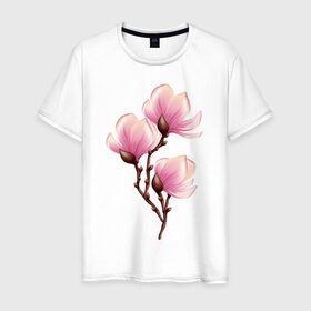 Мужская футболка хлопок с принтом ветка магнолии в цвету в Петрозаводске, 100% хлопок | прямой крой, круглый вырез горловины, длина до линии бедер, слегка спущенное плечо. | весна | ветка | веточка | женственно | жизнь | магнолия | нежно | розовый | цвет | цветет | цветы