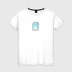 Женская футболка хлопок с принтом Kawaii milk в Петрозаводске, 100% хлопок | прямой крой, круглый вырез горловины, длина до линии бедер, слегка спущенное плечо | kawaii milk | еда | иероглифы | кавайное молоко | милый | япония