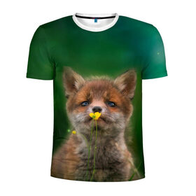 Мужская футболка 3D спортивная с принтом Лисенок нюхает цветок в Петрозаводске, 100% полиэстер с улучшенными характеристиками | приталенный силуэт, круглая горловина, широкие плечи, сужается к линии бедра | fox | foxy | животное | звери | лиса | лисенок | лисичка | милая | рыжая | фокс