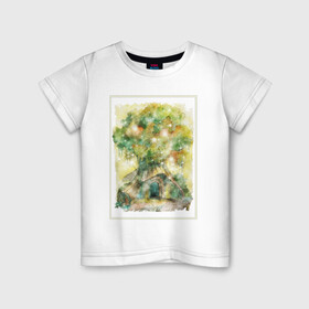 Детская футболка хлопок с принтом Волшебный дом в Петрозаводске, 100% хлопок | круглый вырез горловины, полуприлегающий силуэт, длина до линии бедер | акварель | дерево | детский | дом | желтый | зеленый | иллюстрация | магия | оранжевый | рисунок