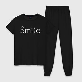 Женская пижама хлопок с принтом SMILE | УЛЫБКА в Петрозаводске, 100% хлопок | брюки и футболка прямого кроя, без карманов, на брюках мягкая резинка на поясе и по низу штанин | creative | minimalism | smile | креатив | креативная | минимал | минимализм | надпись | смайл | смайлик | текст | улыбка