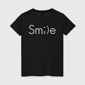 Женская футболка хлопок с принтом SMILE | УЛЫБКА в Петрозаводске, 100% хлопок | прямой крой, круглый вырез горловины, длина до линии бедер, слегка спущенное плечо | creative | minimalism | smile | креатив | креативная | минимал | минимализм | надпись | смайл | смайлик | текст | улыбка