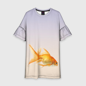 Детское платье 3D с принтом золотая рыбка в Петрозаводске, 100% полиэстер | прямой силуэт, чуть расширенный к низу. Круглая горловина, на рукавах — воланы | Тематика изображения на принте: аквариум | градиент | золотая рыбка | подводный мир | рыба | рыбешка | рыбка