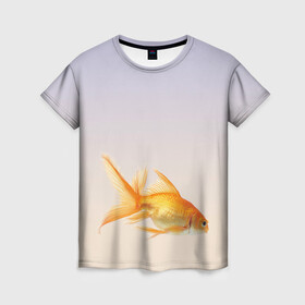 Женская футболка 3D с принтом золотая рыбка в Петрозаводске, 100% полиэфир ( синтетическое хлопкоподобное полотно) | прямой крой, круглый вырез горловины, длина до линии бедер | аквариум | градиент | золотая рыбка | подводный мир | рыба | рыбешка | рыбка