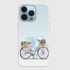 Чехол для iPhone 13 Pro с принтом акварельный велосипед в Петрозаводске,  |  | Тематика изображения на принте: акварель | багажник | букет | велосипед | женский велик | корзинка | краска | мило | низкая рама | рисунок