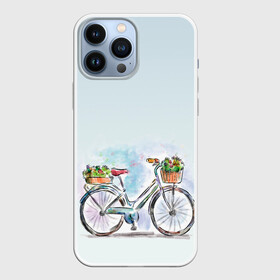 Чехол для iPhone 13 Pro Max с принтом акварельный велосипед в Петрозаводске,  |  | Тематика изображения на принте: акварель | багажник | букет | велосипед | женский велик | корзинка | краска | мило | низкая рама | рисунок
