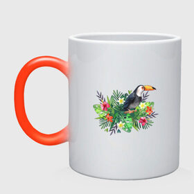 Кружка хамелеон с принтом попугай ара в цветах в Петрозаводске, керамика | меняет цвет при нагревании, емкость 330 мл | ара | лето | листья | попугай | птица | тропики | цветы | экзотика