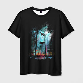 Мужская футболка 3D с принтом Shark forest в Петрозаводске, 100% полиэфир | прямой крой, круглый вырез горловины, длина до линии бедер | bottom | colors | dusk | ecosystem | forest | paints | predator | predators | shark | sharks | tree | trees | акула | акулы | дерево | деревья | дно | краски | лес | сумерки | хищник | хищники | экосистема
