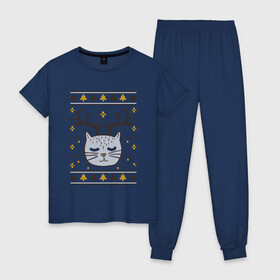Женская пижама хлопок с принтом Рождественский свитер с котом в Петрозаводске, 100% хлопок | брюки и футболка прямого кроя, без карманов, на брюках мягкая резинка на поясе и по низу штанин | food | mandarins | mem | meme | new year | sweater | ugly | в слюнявчике | еда | жрать | жрац | кот | котяра | кушац | кушот | мем | мем с котом | мемы | неси | новый год | оливье | прикол | рождество | свитер | слюнявчик