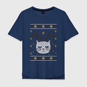Мужская футболка хлопок Oversize с принтом Рождественский свитер с котом в Петрозаводске, 100% хлопок | свободный крой, круглый ворот, “спинка” длиннее передней части | food | mandarins | mem | meme | new year | sweater | ugly | в слюнявчике | еда | жрать | жрац | кот | котяра | кушац | кушот | мем | мем с котом | мемы | неси | новый год | оливье | прикол | рождество | свитер | слюнявчик