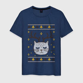 Мужская футболка хлопок с принтом Рождественский свитер с котом в Петрозаводске, 100% хлопок | прямой крой, круглый вырез горловины, длина до линии бедер, слегка спущенное плечо. | food | mandarins | mem | meme | new year | sweater | ugly | в слюнявчике | еда | жрать | жрац | кот | котяра | кушац | кушот | мем | мем с котом | мемы | неси | новый год | оливье | прикол | рождество | свитер | слюнявчик