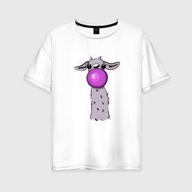 Женская футболка хлопок Oversize с принтом Лама в Петрозаводске, 100% хлопок | свободный крой, круглый ворот, спущенный рукав, длина до линии бедер
 | bubble gum | lama | no drama | баблгам | бубльгум | лама | лама с жвачкой | пузырь