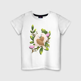 Детская футболка хлопок с принтом Couple of birds в Петрозаводске, 100% хлопок | круглый вырез горловины, полуприлегающий силуэт, длина до линии бедер | 8 марта | girl | woman | бабушка | весна | девушкам | девушке | девушки | женский | листья | мама | март | пионы | подарок | тренд | цветочки | цветы