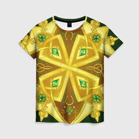Женская футболка 3D с принтом Золотой клевер в Петрозаводске, 100% полиэфир ( синтетическое хлопкоподобное полотно) | прямой крой, круглый вырез горловины, длина до линии бедер | золото | кельтский узор | клевер | подарки | узор