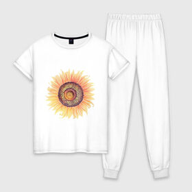 Женская пижама хлопок с принтом большой подсолнух рисунок в Петрозаводске, 100% хлопок | брюки и футболка прямого кроя, без карманов, на брюках мягкая резинка на поясе и по низу штанин | акварель | желтый | краска | лето | оранжевый | подсолнухи | рисунок | рубэкия | румбекия | солнце | цветы | ярко