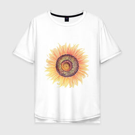 Мужская футболка хлопок Oversize с принтом большой подсолнух рисунок в Петрозаводске, 100% хлопок | свободный крой, круглый ворот, “спинка” длиннее передней части | акварель | желтый | краска | лето | оранжевый | подсолнухи | рисунок | рубэкия | румбекия | солнце | цветы | ярко
