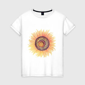 Женская футболка хлопок с принтом большой подсолнух рисунок в Петрозаводске, 100% хлопок | прямой крой, круглый вырез горловины, длина до линии бедер, слегка спущенное плечо | акварель | желтый | краска | лето | оранжевый | подсолнухи | рисунок | рубэкия | румбекия | солнце | цветы | ярко