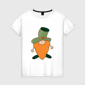 Женская футболка хлопок с принтом Гном - День святого Патрика в Петрозаводске, 100% хлопок | прямой крой, круглый вырез горловины, длина до линии бедер, слегка спущенное плечо | борода | гном | день святого патрика | зеленый | ирландия | лепрекон | мультяшный | оранжевый | патрик | подарок | символ | смешной | фэнтези | шляпа