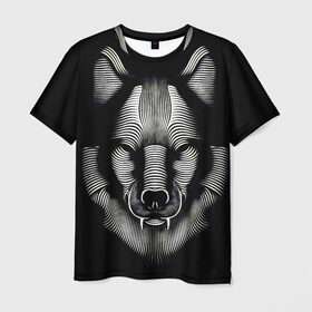 Мужская футболка 3D с принтом Волк из волнистых линий в Петрозаводске, 100% полиэфир | прямой крой, круглый вырез горловины, длина до линии бедер | wolf | волк | волчара | живность | животное | охотник | следопыт | хищник