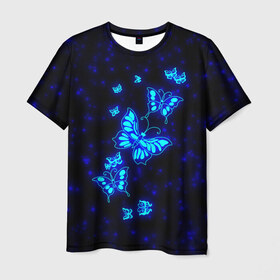 Мужская футболка 3D с принтом Неоновые бабочки в Петрозаводске, 100% полиэфир | прямой крой, круглый вырез горловины, длина до линии бедер | Тематика изображения на принте: butterfly | dream | fantasy | neon | space | stars | wings | бабочки | бабочки космос | блестящие | весна | вселенная | галактика | голубые бабочки | девочкам | девушкам | звезды | космические | космос | крыя | лето