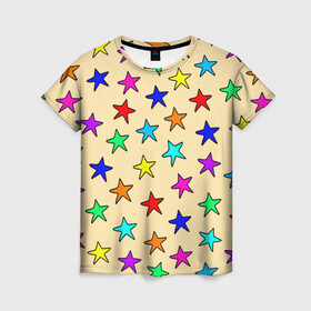 Женская футболка 3D с принтом Детские звезды на песке в Петрозаводске, 100% полиэфир ( синтетическое хлопкоподобное полотно) | прямой крой, круглый вырез горловины, длина до линии бедер | baby | colorfull | disco | kids | stars | девочкам | детские рисунки | детям | диско | звездочки | звезды | конфетти | лето | малыш | ночные | орнамент | песок | пляж | праздник | радужные | разноцветный узор