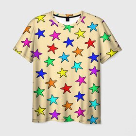 Мужская футболка 3D с принтом Детские звезды на песке в Петрозаводске, 100% полиэфир | прямой крой, круглый вырез горловины, длина до линии бедер | baby | colorfull | disco | kids | stars | девочкам | детские рисунки | детям | диско | звездочки | звезды | конфетти | лето | малыш | ночные | орнамент | песок | пляж | праздник | радужные | разноцветный узор