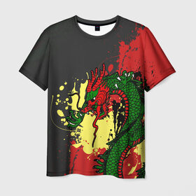 Мужская футболка 3D с принтом Chinese dragon в Петрозаводске, 100% полиэфир | прямой крой, круглый вырез горловины, длина до линии бедер | dragon | брызги | китайский дракон | монстр | ящерица