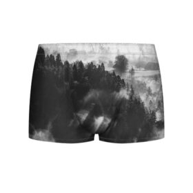 Мужские трусы 3D с принтом Туман в лесу в Петрозаводске, 50% хлопок, 50% полиэстер | классическая посадка, на поясе мягкая тканевая резинка | Тематика изображения на принте: tegunvteg | деревья | лес | листья | природа | темный лес | туман