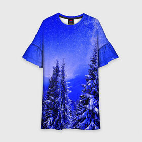 Детское платье 3D с принтом Зимний лес в Петрозаводске, 100% полиэстер | прямой силуэт, чуть расширенный к низу. Круглая горловина, на рукавах — воланы | Тематика изображения на принте: tegunvteg | деревья | зима | зимний лес | лес | листья | мороз | природа | снег | темный лес