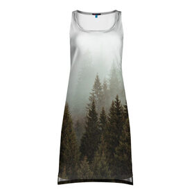 Платье-майка 3D с принтом Деревья в Петрозаводске, 100% полиэстер | полуприлегающий силуэт, широкие бретели, круглый вырез горловины, удлиненный подол сзади. | tegunvteg | деревья | лес | листья | природа | темный лес | туман