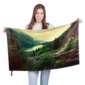 Флаг 3D с принтом Красивый лес в Петрозаводске, 100% полиэстер | плотность ткани — 95 г/м2, размер — 67 х 109 см. Принт наносится с одной стороны | tegunvteg | горы | деревья | красивый лес | лес | листья | природа | река | темный лес