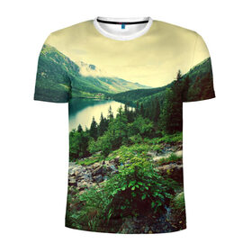 Мужская футболка 3D спортивная с принтом Красивый лес в Петрозаводске, 100% полиэстер с улучшенными характеристиками | приталенный силуэт, круглая горловина, широкие плечи, сужается к линии бедра | tegunvteg | горы | деревья | красивый лес | лес | листья | природа | река | темный лес